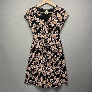 Pact Fit And Flare Crossover Dress Organic Cotton Black Floral Print XS